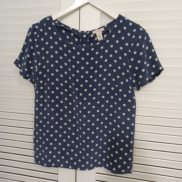 J Crew Blouse 100% Silk Dark Navy Blue Polka Dot Back Zip Size 2 - Picture 9 of 9